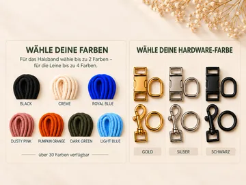 Colorful dog leash cords with hardware options.