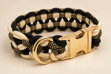 Paracord-Armband mit goldener Schnalle auf beigem Hintergrund.