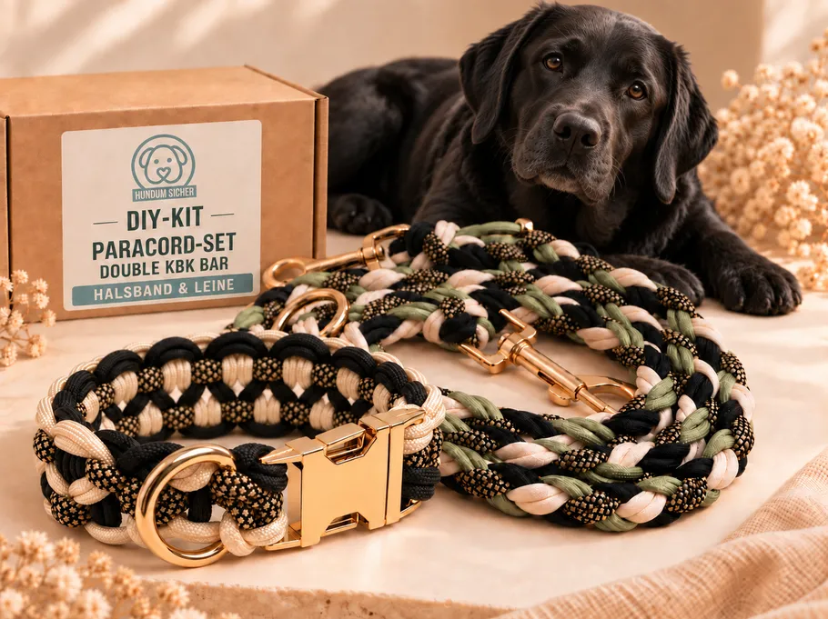 Dog lying near paracord collar and leash.