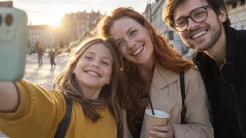 Drei Personen lächeln, machen ein Selfie draußen.