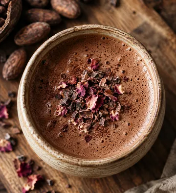 Hot chocolate with cocoa nibs garnish on table.