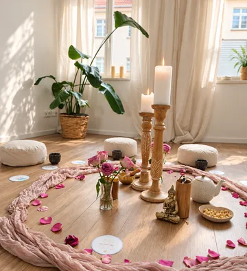 Candles and flowers in a serene meditation room.