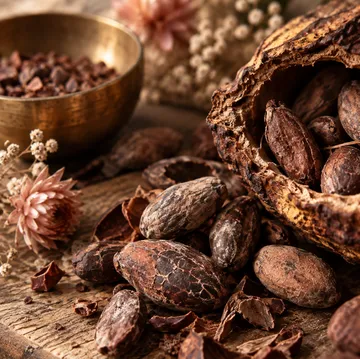 Cocoa beans spilling from cracked pod.