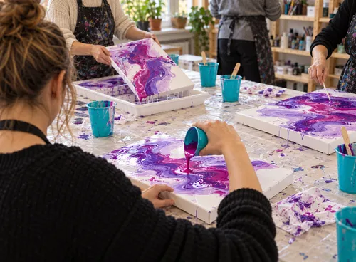 People paint abstract art in studio.