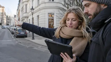 Frau zeigt, hält Tablet, Straßenansicht.