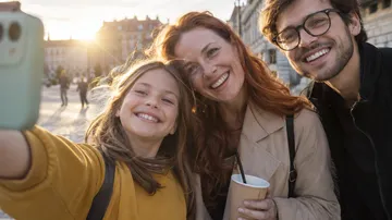 Drei Personen lächeln, machen Selfie im Freien.