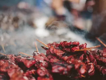 Grilled skewers lie on a smoky grill.