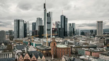 Skyscrapers dominate Frankfurt city skyline.