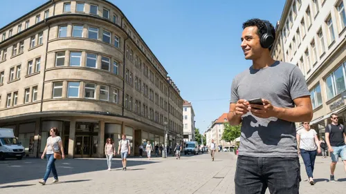 Mann geht mit Kopfhörern in städtischer Straße.