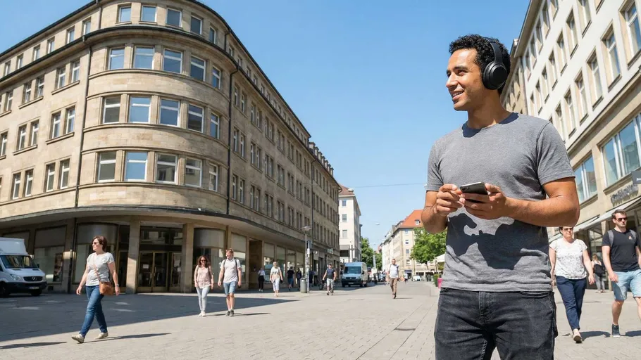 Mann geht mit Kopfhörern in städtischer Straße.