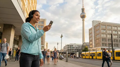 Woman with headphones holds phone in urban street.