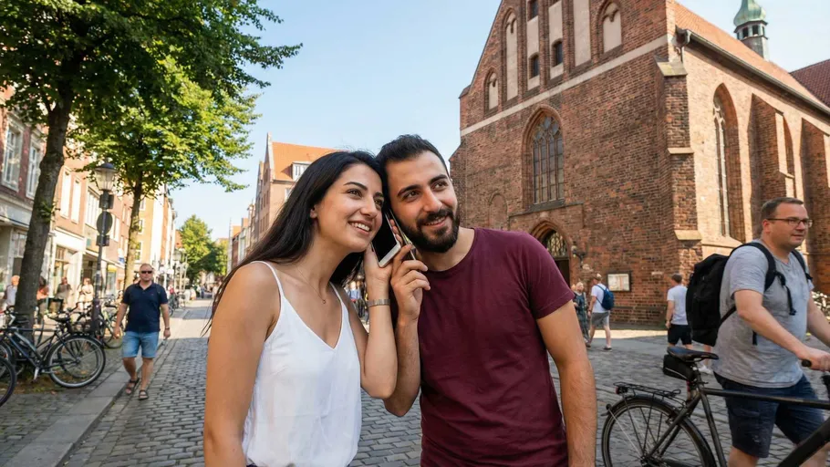 Zwei Personen hören Telefon in Altstadt.
