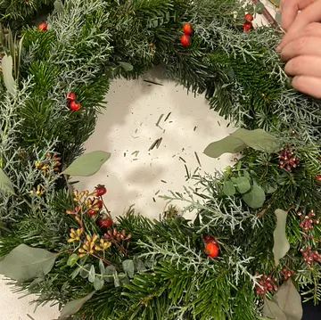 Ein Kranz wird mit grünen Zweigen und Beeren dekoriert.