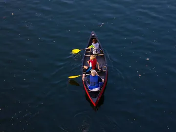 Four people paddle on the water surface in a canoe.