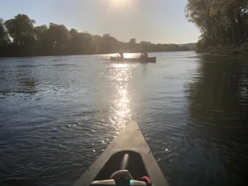 Kanoe fährt auf einem ruhigen Fluss unter Sonnenlicht.