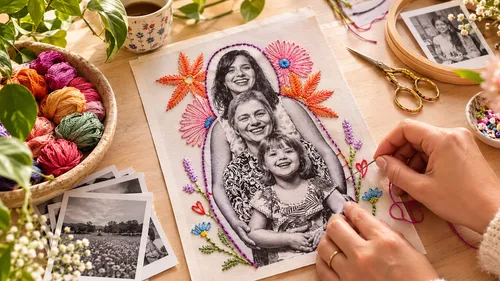 Hände sticken Familienfoto mit bunten Fäden.