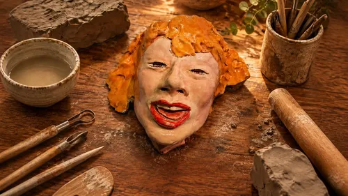 Tonskulptur eines Gesichts auf Holztisch mit Werkzeugen.