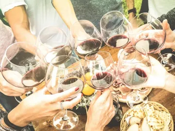 Wine glasses are toasted at a party, outside.