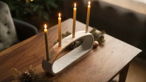 Candles lit on modern holder, wooden table.
