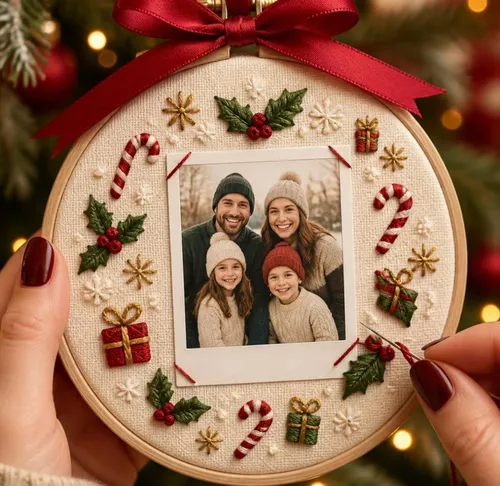 Photo frame embroidered with Christmas decorations.