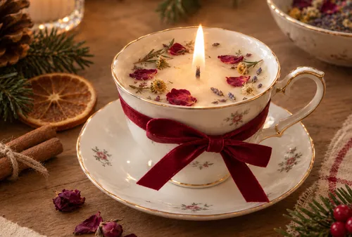 Teacup candle with dried flowers on table.