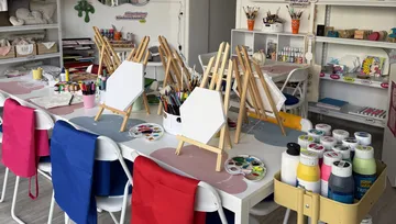 Art studio easels on table with supplies.