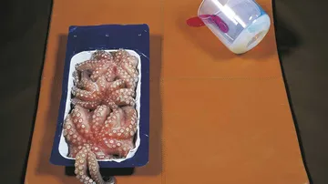 Packaged octopus on table beside plastic container.