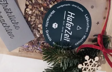 Granola package with festive decorations.
