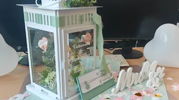 Dekorative Laterne mit Pflanzen auf Schreibtisch.