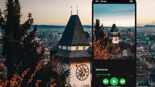 Clock tower in cityscape with app overlay.