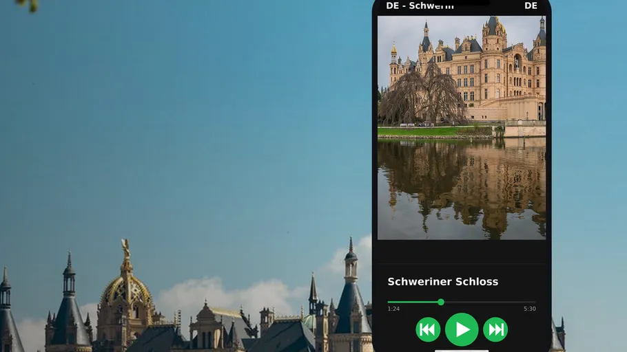 Smartphone showing Schwerin Castle photo.
