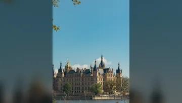 Historic castle with towers by a lake.