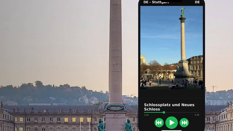 Column in city square with phone overlay.
