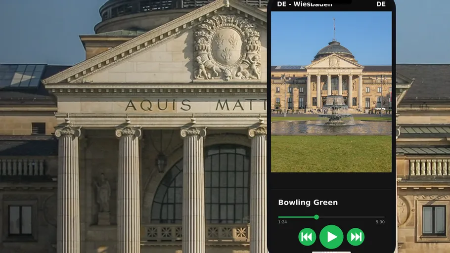 Classical building with mobile app overlay