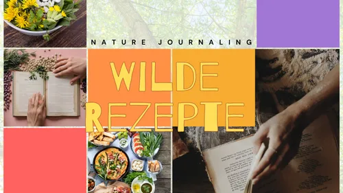 Hands holding books with food and nature.