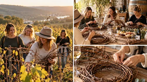 Women crafting wreaths from vines outdoors.