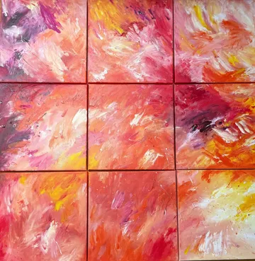 Abstract painting, vibrant colors, divided sections.