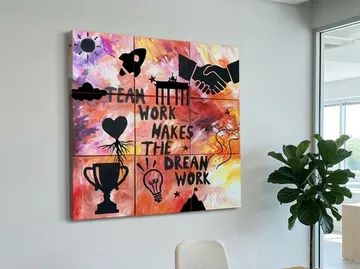 Colorful wall art with motivational quote.
