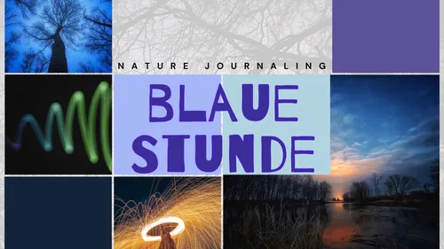 Collage von Naturbildern, Titel auf Deutsch.