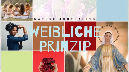 Collage mit Frauen, Frucht, Statue und Text.