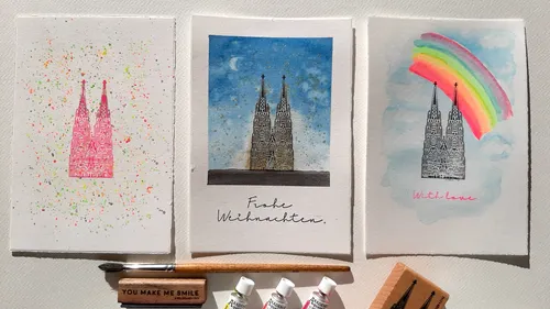 Drei Karten mit Kölner Dom Illustrationen.