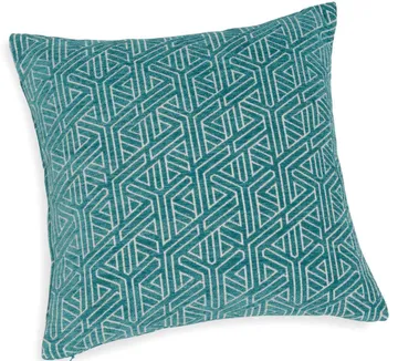 Teal pillow with geometric pattern design.