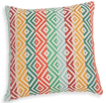 Colorful patterned pillow on white background.