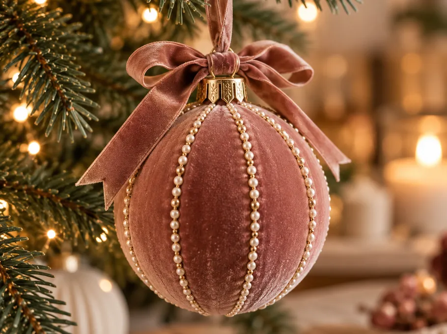 Samtkugel hängt an geschmücktem Weihnachtsbaum.