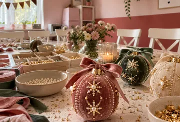 Decorative ornaments arranged on a festive table.