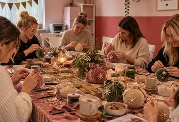 Frauen dekorieren Ornamente an festlichem Tisch.