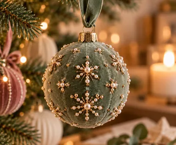 Ornament hanging on decorated Christmas tree.