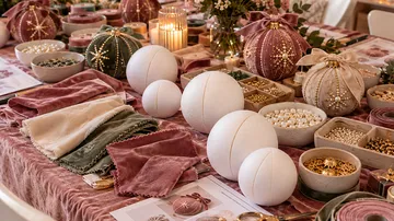 Craft materials on a decorated table.