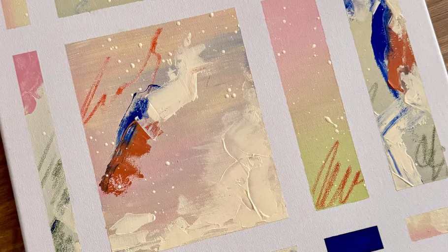 Abstract painting with colorful geometric designs.