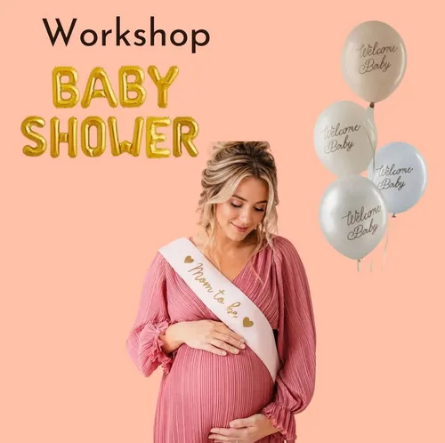 Pregnant woman at baby shower with balloons.